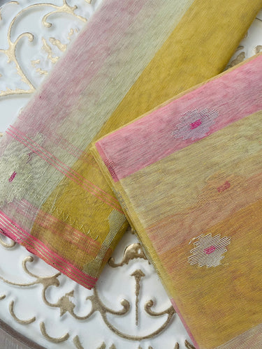 Authentic Dhakai Jamdani Muslin Saree from Bangladesh | Handwoven | Multi- Color | Gold Zari | Ships from California